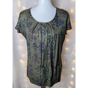 Boden 10 Green Floral Silk Blend Blouse Top Cap Sleeve Keyhole Back
